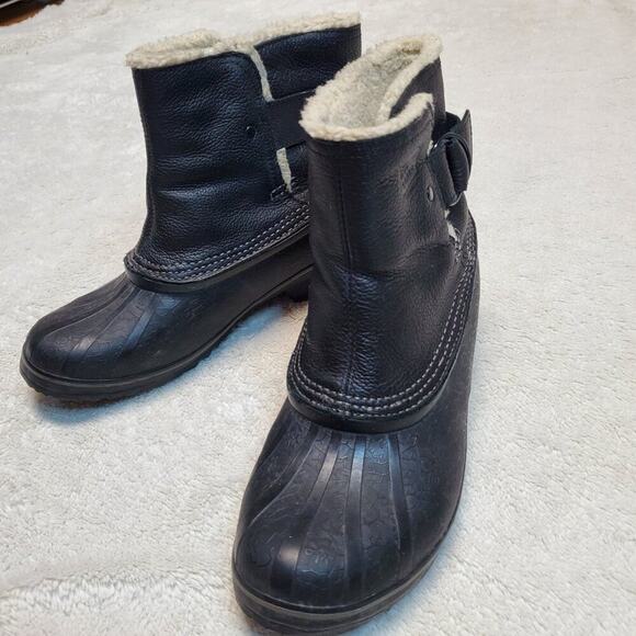Sorel Black Leather Snow Mud Rain Outdoor Winter Fancy Heel Duck Boot Women 10 - Picture 3 of 8
